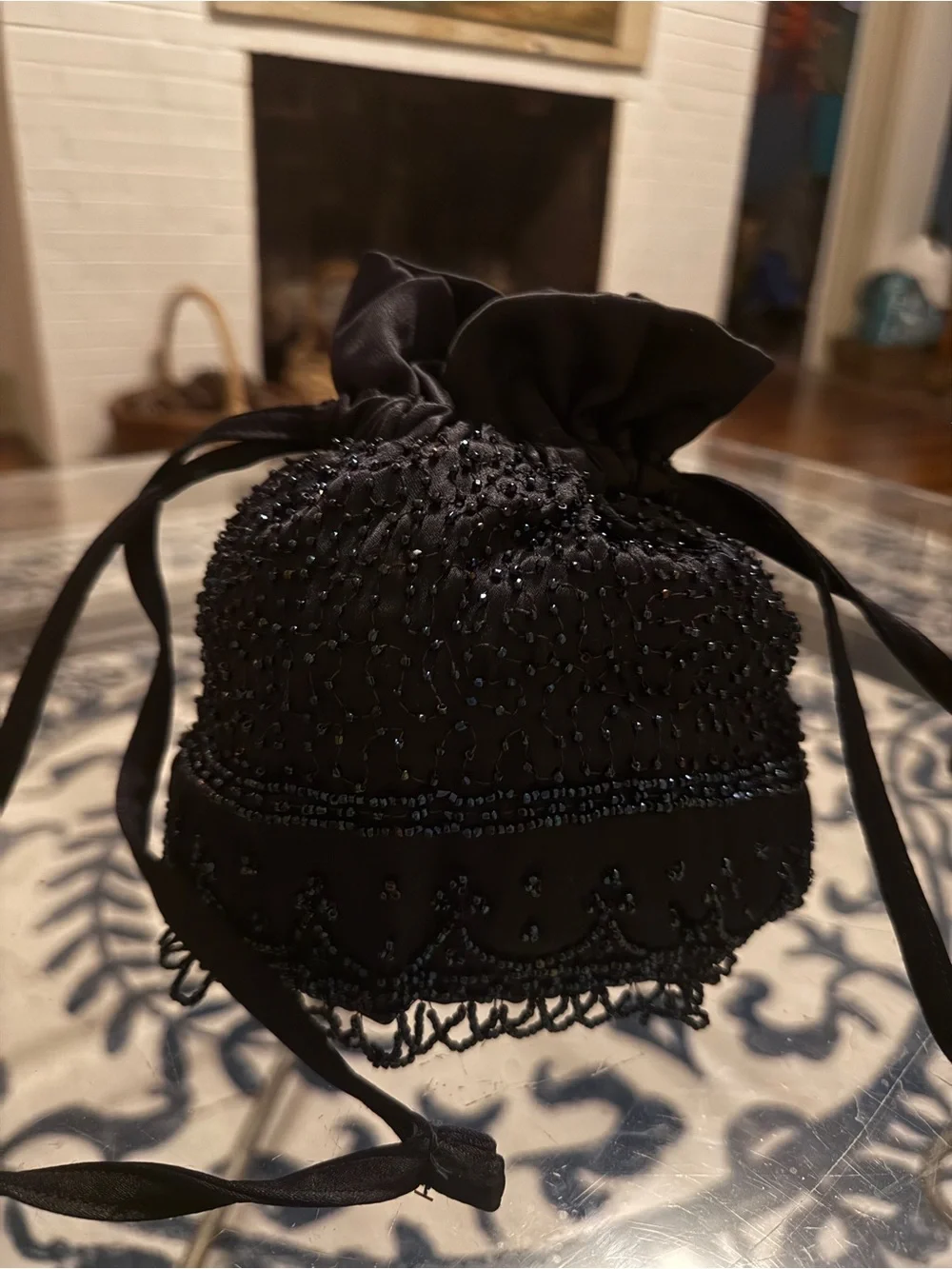 Black Drawstring Evening Pouch with sparkling black beading, Unbranded. 8” X 7”